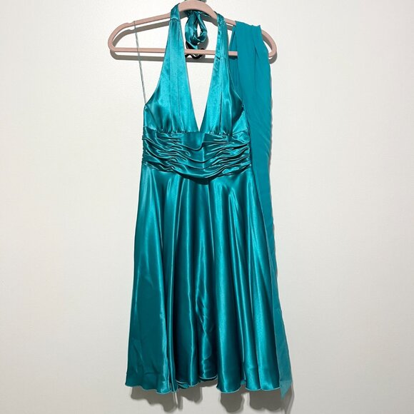 Papell Boutique 100% Silk Halter Dress Sz 6P Blue Y2K Gala Party Event Babydoll - Picture 3 of 11